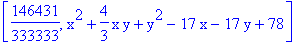 [146431/333333, x^2+4/3*x*y+y^2-17*x-17*y+78]
